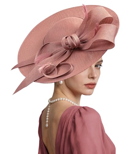 Kgromfy Fascinator Hat Women Wide Brim Tea Party Headband Elegant Church Hat Large Lady Headwear for Derby Wedding Cocktail - color: Pink