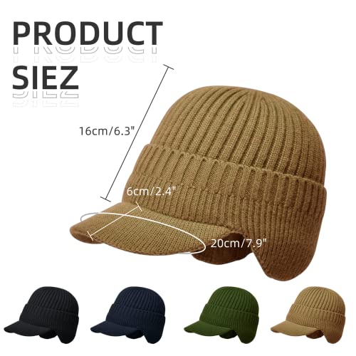 Men's Winter Hat with Brim, Warm Earflaps Hat for Men, Thick Fleece Lined Knit Winter Beanie Outdoor - color: Khaki