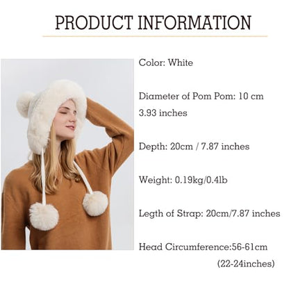 Womens Faux Fur Hat with Fluffy Pompom for Winter Fuzzy Knitted Beanies Skull Cap Warm Earflaps Cold Weather Cute - color: White
