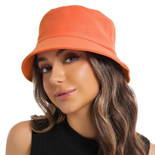 Wheebo Solid Color Bucket Hat for Women Summer Beach Fishmen Hat for Lady Adult Unisex Cotton Cap…… - color: A-sc-orange