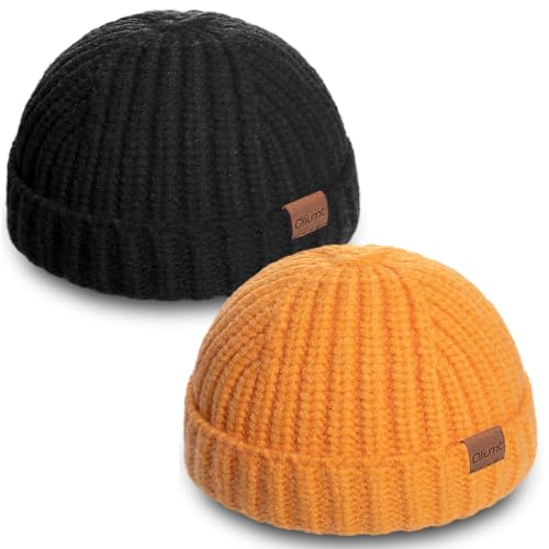 Fisherman Short Beanie Hats for Men, Knit Skull Cap Cuff Trawler Hat Mens Stylish Watch Cap Winter Warm Hat for Daily Wear - color: Black, Yellow