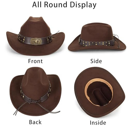 Classic Western Cowboy hat for Men Women Wide Brim Cowgirl Hat - color: Brown-longhorn Buckle Belt