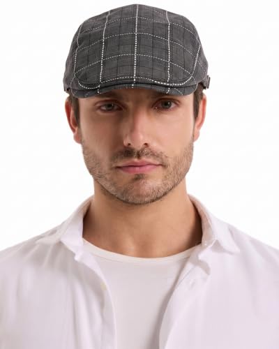 ZLYC Men Cotton Flat Cap Summer Scally Newsboy Beret Driver Hat - color: Plaid Black