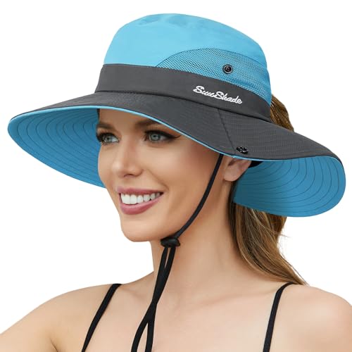 Womens Sun Hat with Ponytail Hole, UV Protection Foldable Beach Fishing Hat - color: Blue & Grey