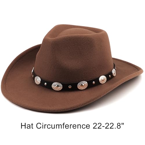 DRESHOW Women Men Classic Felt Wide Brim Western Cowboy & Cowgirl Cap Belt Buckle Retro Panama Hat Unisex Rolled up Caps - color: 1 Pack: Coffee (Hat Circumference: 22-22.8")