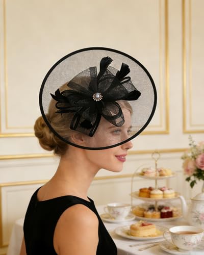 Zinniday Victoria Tea Party Hat - Vintage 1920s 50s Feather Mesh Kentucky Hat 2026 Derby Fascinator for Funeral Church Prom - color: Black