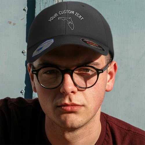 Flexfit Cap for Men & Women Embroidered Florida State Map Fl Embroidery Flexfit Hats Baseball Caps - color: Black Personalized Text Here, size: Large-X-Large