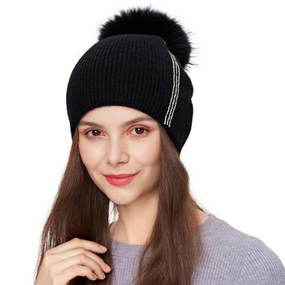 Women's Knitted Angora Wool Hat for Autumn and Winter Warm and Stylish with Rolled Brim and Slanted Rhinestones Cap - color: A-black
