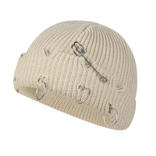 Distressed Ring Beanie Hat for Women Men Slouchy Skull Cap - color: Beige