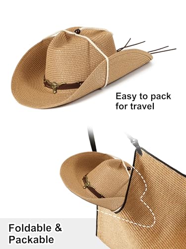Straw Cowboy Sun Hat Western Cowgirl Women Men with Windproof Chin Strap - color: 카키