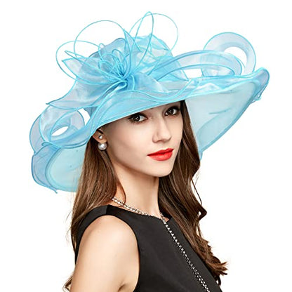 2026 Derby Hats for Women Ladies, Classy Organza Sun Hat, Church Tea Party Wedding Kentucky Fascinator Hat - color: C4062-light Blue