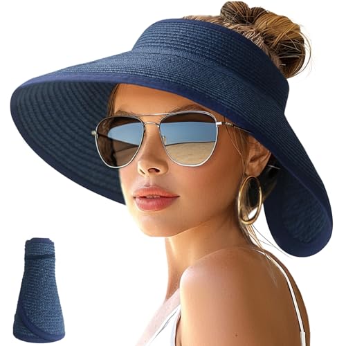 NPJY Sun Hats for Women Wide Brim Roll-Up Ponytail Packable Straw Visor - color: Blue