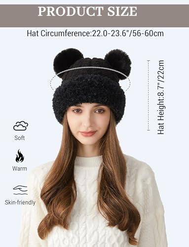 FEOYA Womens Knit Winter Beanie Hat with Faux Fur Pompom Fuzzy Cute Knit Fleece Lined Skull Cap - color: Black