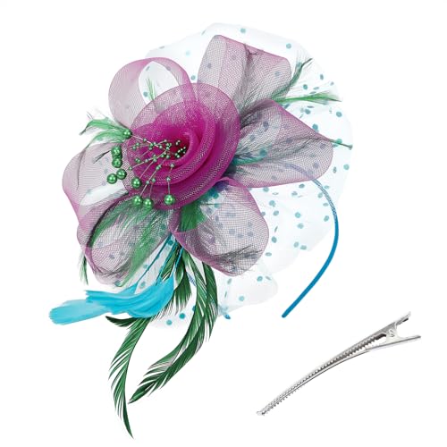 Century Star 2026 Kentucky Hat Derby Fascinator for Women Tea Party Flower Mesh Ribbons Feathers Headband Hair Clips - color: Green Pink Blue