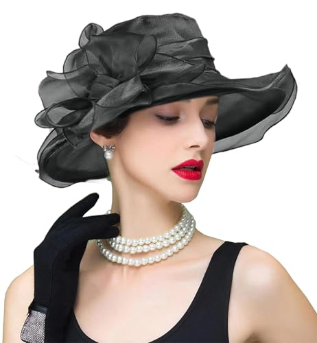 Organza Fascinator Hat - Women’s Wide Brim Church Bridal Tea Party Wedding Hat - color: 01a-black