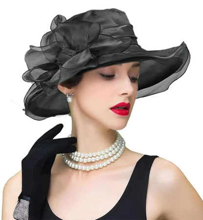 Organza Fascinator Hat - Women’s Wide Brim Church Bridal Tea Party Wedding Hat - color: 01a-black