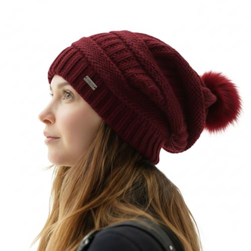 TOP-EX Winter Wool Slouchy Beanie for Women, Warm Faux Fur Pom Hat - color: Burgundy_fleece Lined