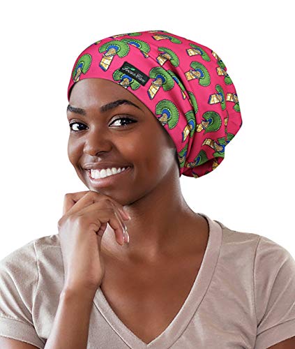 Adjustable Satin Lined Sleep Cap for Dreadlocks Curly Hair Large Head-Stay On Overnight - color: Red Gree