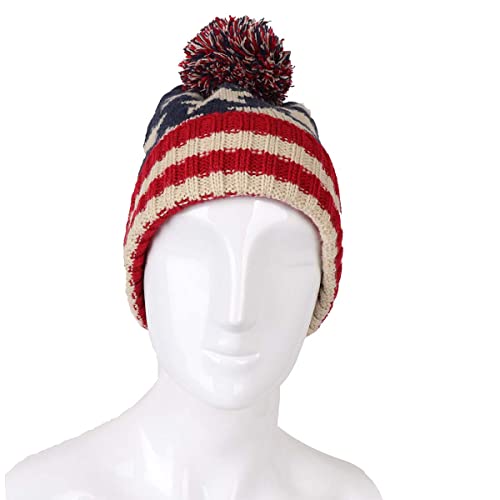 Parquet American Flag Knit Pom Beanie Ski Hat with Stars - size: Small-Medium