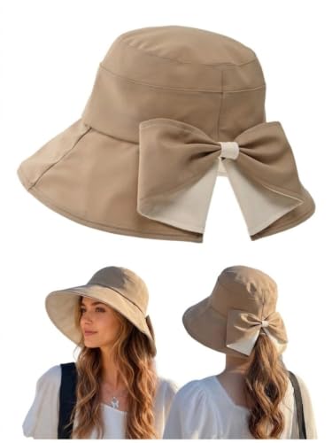 Women Bowknot Wide Brim UPF50+ Foldable Travel Beach Sun Hat - color: Khaki