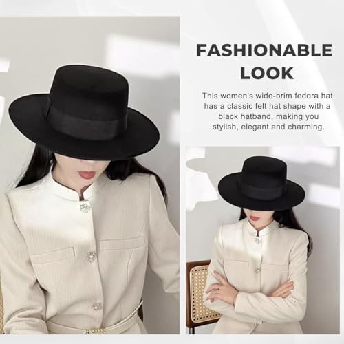 Classic Black Felt Fedora Hat Unisex, Flat Top Pork Pie Cap, Wide Brim Derby Boater Hat for Daily Wear Formal Party Events