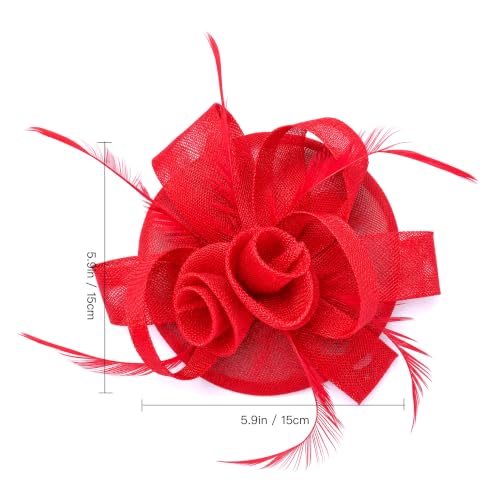 Flower Fascinator Hat Headband Clip for Women Tea Party - color: Red-02