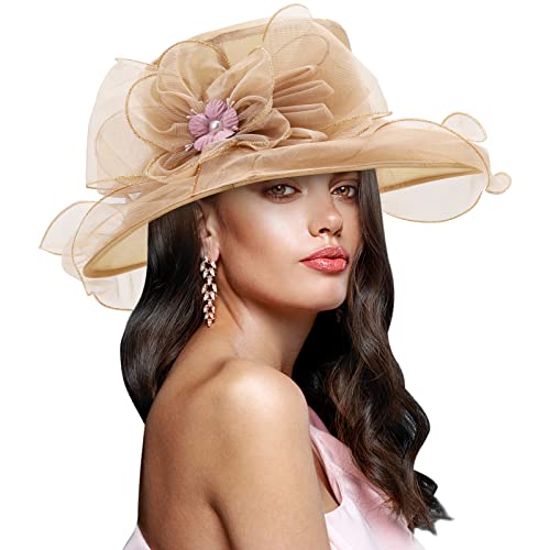 AQOKKA Women Organza Church Fascinators Kentucky Derby Hats for Women and Girls Wedding Flower Tea Party Hat with Wide Brim - color: Simulated Flower : Khaki