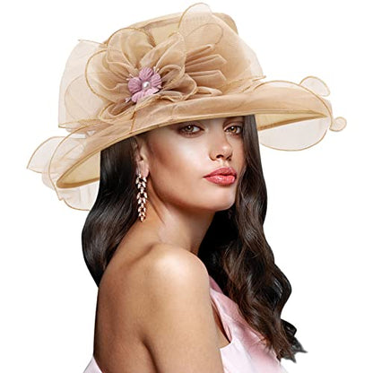 AQOKKA Women Organza Church Fascinators Kentucky Derby Hats for Women and Girls Wedding Flower Tea Party Hat with Wide Brim - color: Simulated Flower : Khaki