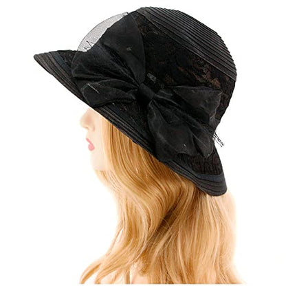 Haoohu Women's Church Derby Hat Wide Brim Bow Bucket Hat Wedding Dress Hat Fascinator Bridal Tea Party Hat - color: Mb Black