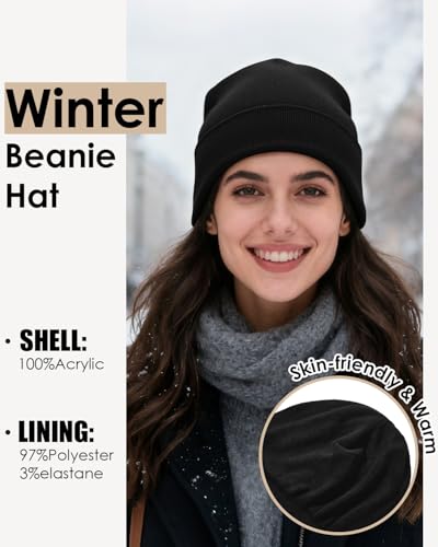 Century Star Men's Fleece-Lined Beanie Winter Knit Hat - Stretchable, Warm, Windproof, Unisex Cuffed Ski Cap for Sports - color: Black