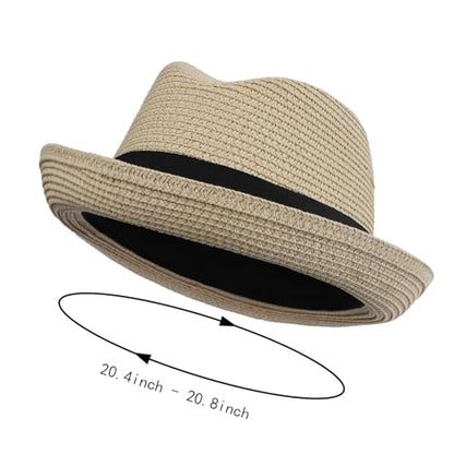 Kids Fedora Hat Panama Trilby Hat Sun Straw Hats Jazz Short Brim Roll Up Summer Beach Cap for Boys Girls 2-7 Years - color: Beige
