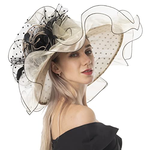 Women's Organza Church Derby Hat Bridal Tea Party Wedding Tea Party Sun Hat with Detachable hat flower as headgear - color: Beige