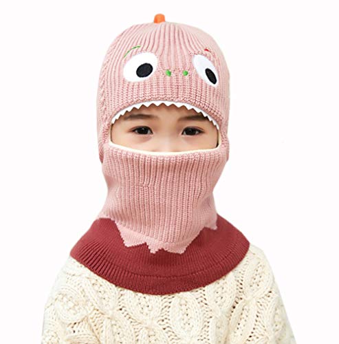 Kids Boys Girls Dinosaur Winter Knit Hat Baby Toddler Thick Scarf Earflap Hood Scarves Skull Caps - color: Pink(2-7years Old)