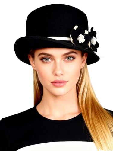 HIMESPORT Women's Black White Wool Felt Cloche Hat with Flower Formal Church Tea Party Dress Cocktail Rolling Brim Hats - color: Black