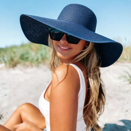 DRESHOW Big Straw Sun Hats for Women Floppy Foldable Roll up Beach Cap Sun Hat UPF 50+ Vacation Honeymoon Embroidered Hat - color: Medium Size: Navy / Brim 5.5" (Head Circumference 22-22.8")