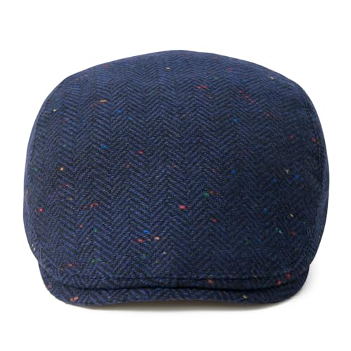FEINION Men Wool Blend Flat Cap Tweed Newsboy Ivy Hat - color: Flecked Navy