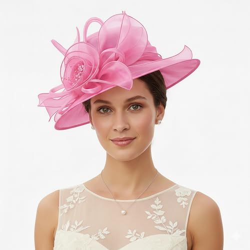 DRESHOW Women Organza Hat Church Cap Hats Clearance Kentucky Derby Cocktail Tea Party Wedding Flower Hat with Wide Brim - color: Flower Hat: Pink