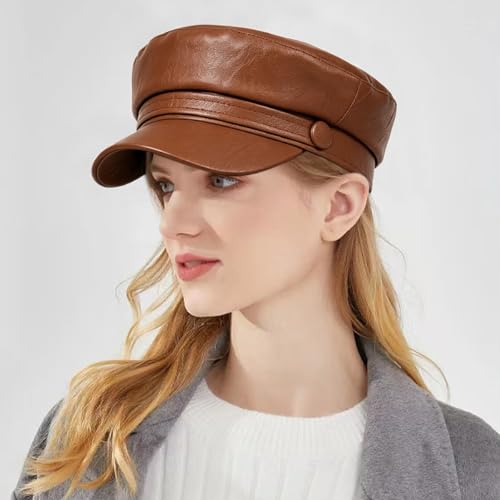 Women PU Leather Newsboy Cap Vintage Military Flat Top Beret Style Hat - color: Brown