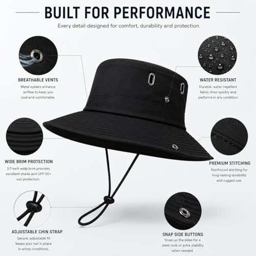 AVYZA CO. Wide Brim Sun Hat for Men & Women UPF 50+ Lightweight Waterproof Hat for Fishing & Hiking - color: Black
