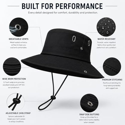 AVYZA CO. Wide Brim Sun Hat for Men & Women UPF 50+ Lightweight Waterproof Hat for Fishing & Hiking - color: Black