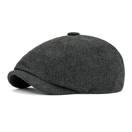 Men 8 Panel Newsboy Cap Classic Irish Gatsby Paperboy Ivy Newsies Herringbone Golf Cabbie Flat Wool Blend Winter Hat - color: Black