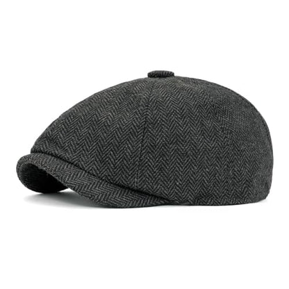 Men 8 Panel Newsboy Cap Classic Irish Gatsby Paperboy Ivy Newsies Herringbone Golf Cabbie Flat Wool Blend Winter Hat - color: Black