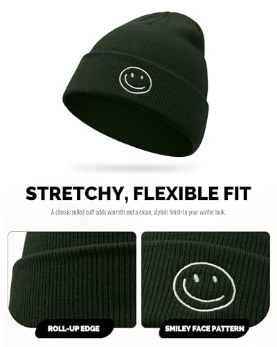 CLAPE Beanie Hat for Men, Cute Embroidery Smiley Face Winter Hat Women Outdoor Ski Snowboarding Knit Cuffed Fisherman Beanie - color: Kh27-beige