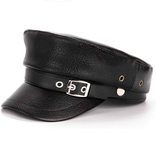 Women's Yacht Captain Sailor Hat, PU Material Newsboy Hat, Stylish Biker Hat, Baker Boy Hat, Peaked Beret - color: Black Leather Belt Style