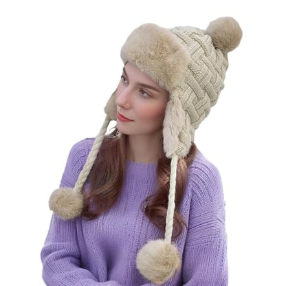 PENINSULA LOVE Women Peruvian Trapper Hat Faux Fur Ushanka Russian Hat Earflap Eskimo Beanie Winter Knitted Cap with Pompom - color: Beige