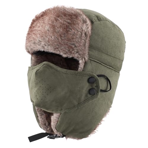 Home Prefer Mens Warm Faux Fur Trooper Trapper Hat Outdoor Reflective Winter Hunting Hat with Ear Flaps Face Mask - color: Army Green