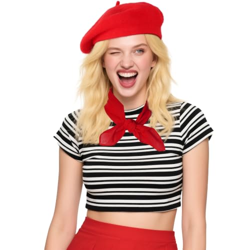 Classic Beret Hats for Women French Beret Hats Costume Accessories Painter Artist Cap with Scarf - color: Red