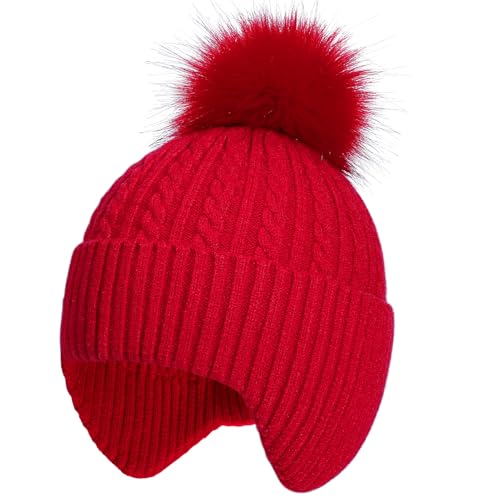 Toddler Earflap Beanie Hat with Rainbow Pom for Little Girls Knitted Beanies Kids Winter Skiing Caps Age 3-8 - color: Red