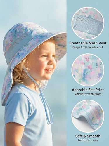 icolor Kids Sun Hat UPF50+ Sun Protection Bucket Hat Toddler Summer Beach Play Hats with Neck Flap for Girl Boy Ages 3~10 - color: Dreamy Ocean