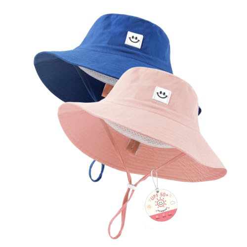 Kids Sun Hat Smile Face Bucket Hat Toddler Hat Wide Brim Adjustable Strap - color: Blue+pink, size: 3-8T